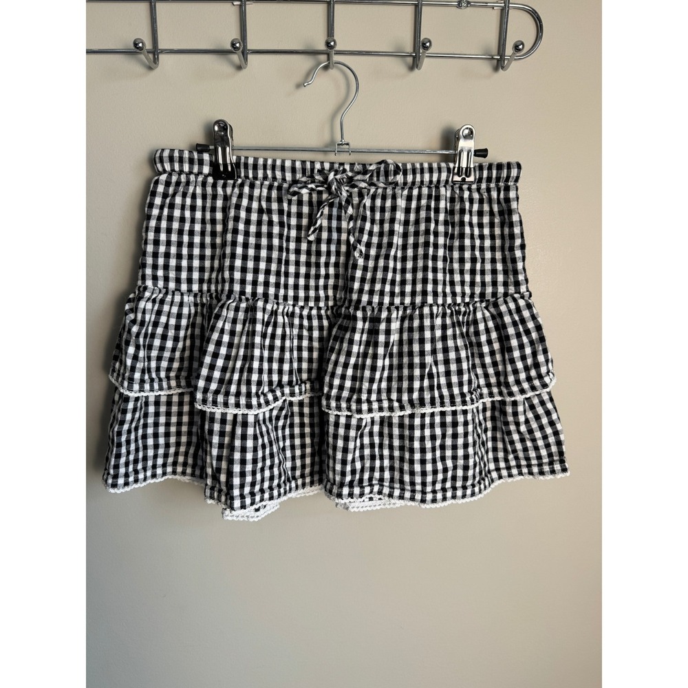 Japna Womens Black Gingham Tiered Mini Skirt M Ruffle Picnic Cottagecore Farm